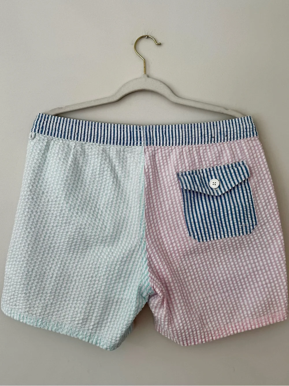 J. Crew Flex Swimwear Lined Swim Trunks, Pastel Seersucker Colorblock – Large